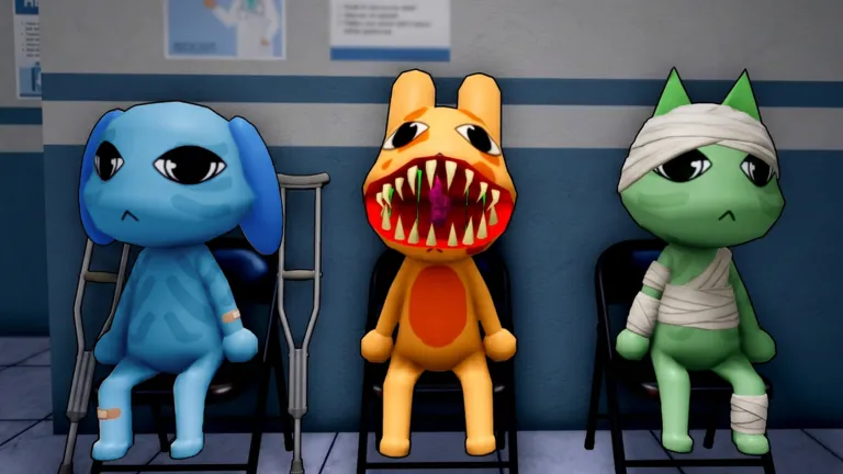 Three animal patients wait on chairs in Animal Hospital: a blue puppy on crutches with a bandaged leg, an orange rabbit with a huge toothy maw, and a bandaged green cat.