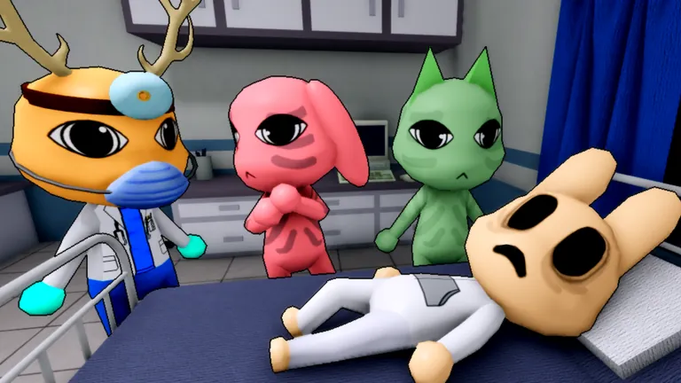 An orange deer doctor in a white coat and cyan gloves stands in a bright exam room with a pink rabbit and a green cat, while a bandaged patient lies on the bed.
