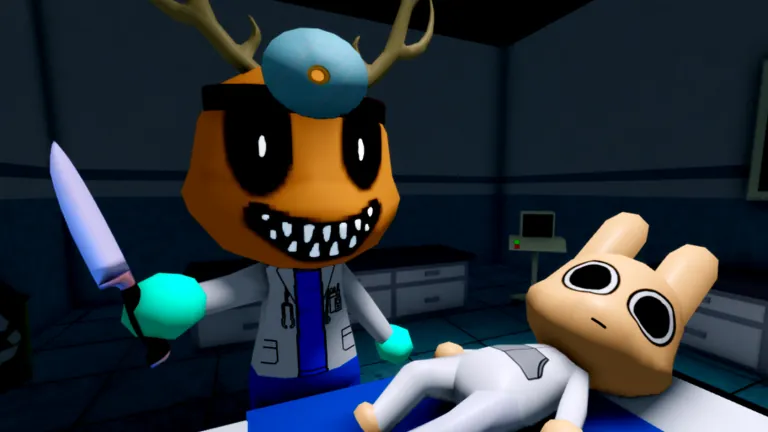The same deer doctor grins with glowing eyes and holds a knife over the patient on the bed, in a dim version of the exam room.