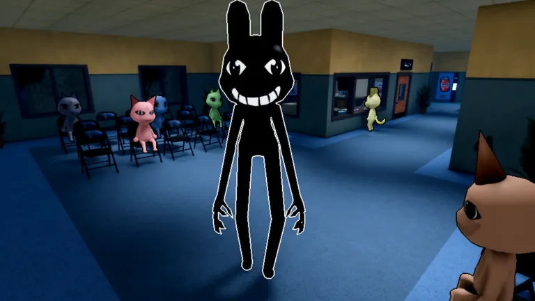 A tall black rabbit-like figure with long limbs, glowing eyes and a wide grin stands in a waiting room while small animal patients sit on chairs around it.